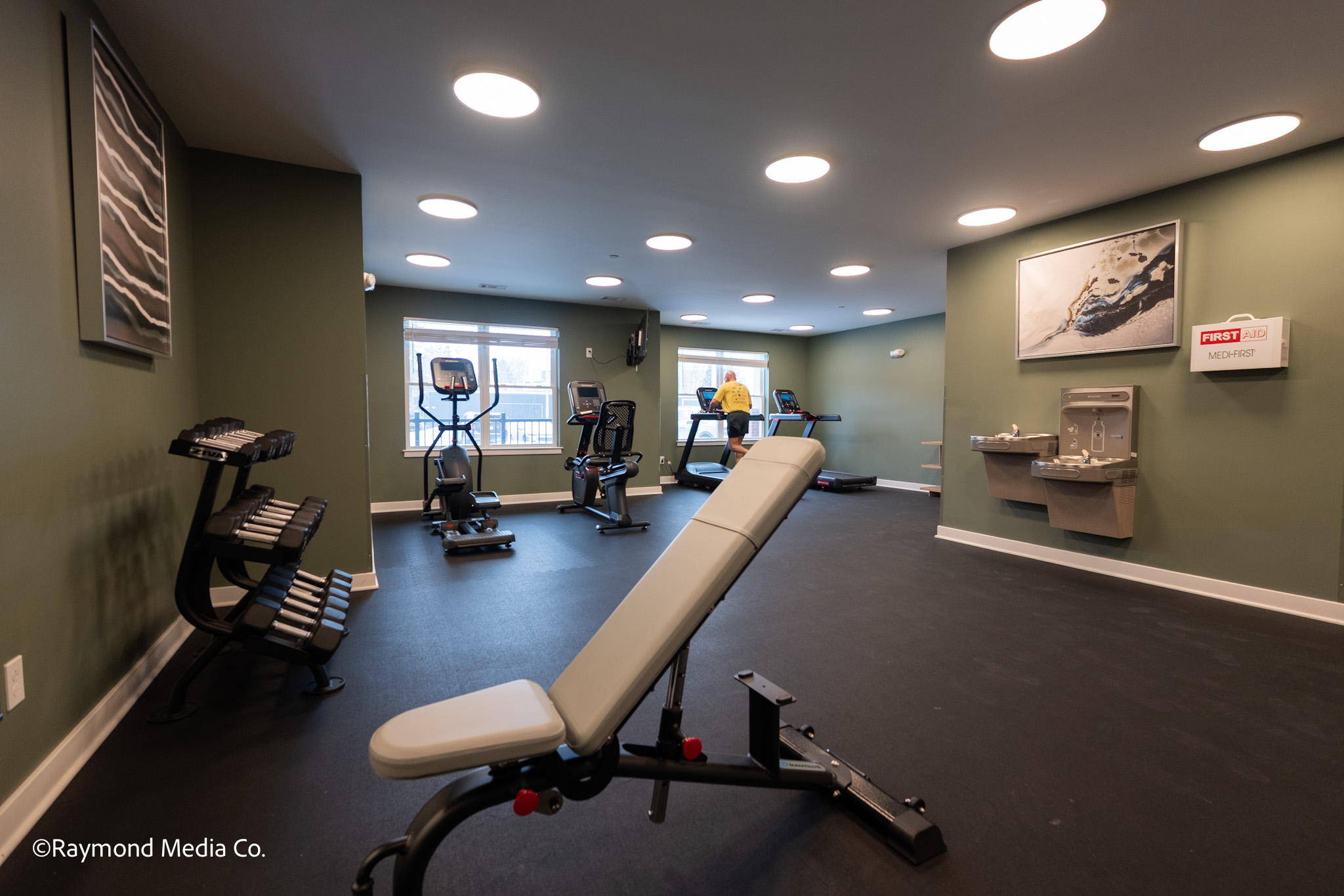 Apartment building fitness center wide angle view in Maine